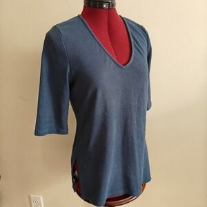 H by Halston Women's Top V Neck T-Shirt Ribbed Knit Half Sleeve Medium Blue